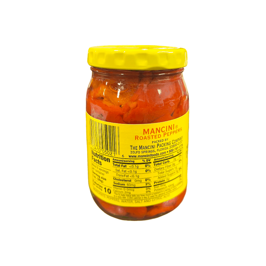 Mancini Sweet Roasted Peppers 12oz jar with vibrant fire-roasted sweet red peppers