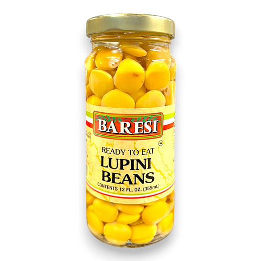 Jar of Baresi Lupini Beans on a white background