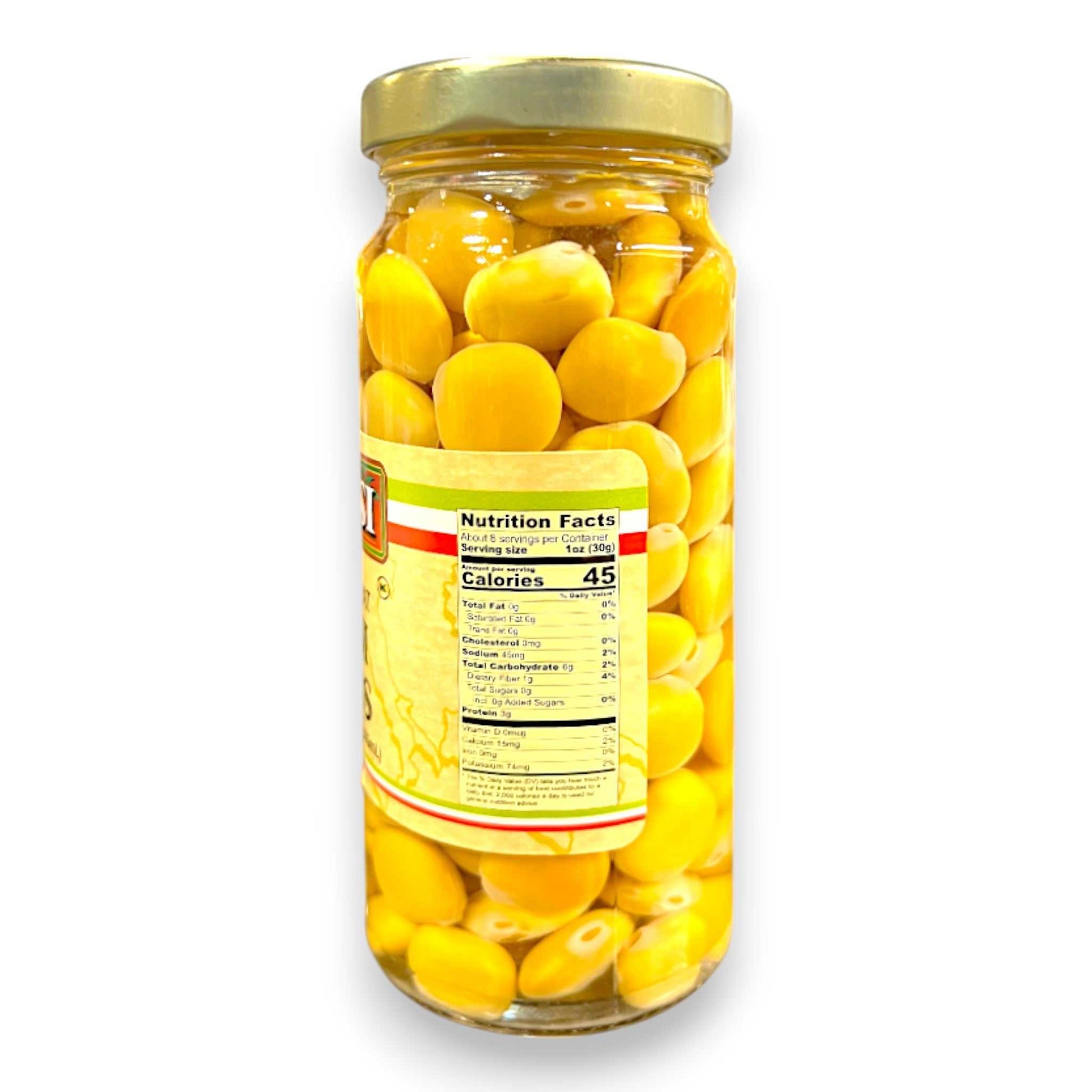 Jar of yellow olives with a label on a white background